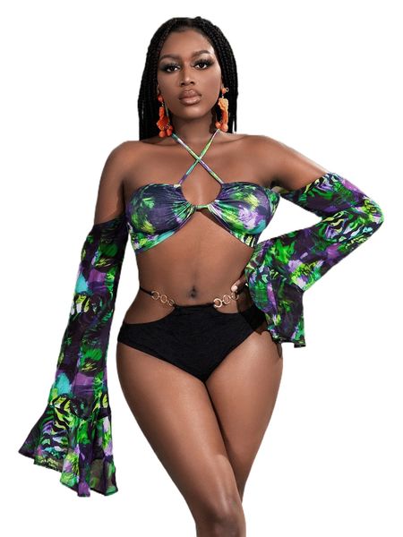 

tie dye halter off shoulder flounce sleeve crop r2t5#, White