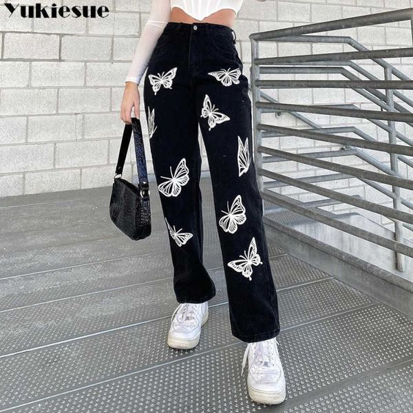 

printed denim trousers vintage wide leg pants women korean straight long high waist casual loose with belt autumn 210608, Blue