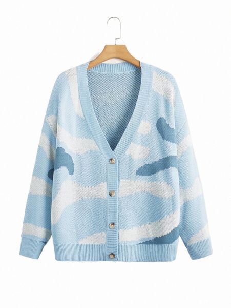 

plus graphic pattern drop shoulder cardigan s8x2#, Black