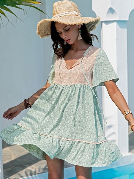 

rusttydustty tie neck two tone graphic print smock dress w47u#, Black;gray