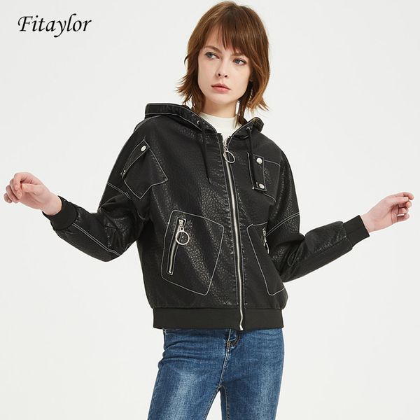 Fitaylor с капюшоном Balck Faux Leather Jacket Женщины весенняя осенняя молния