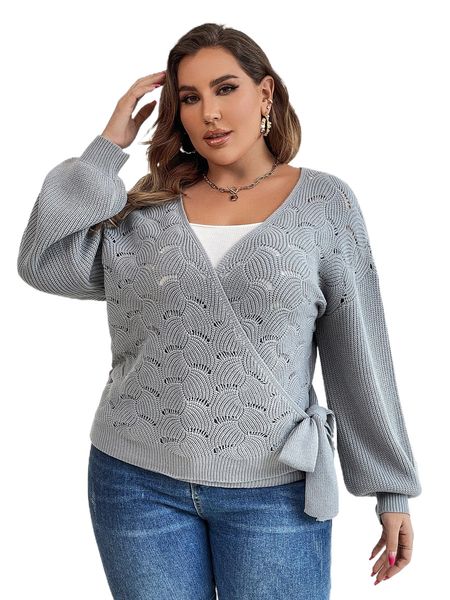 

plus pointelle knit drop shoulder knot side cardigan j7mi#, Black