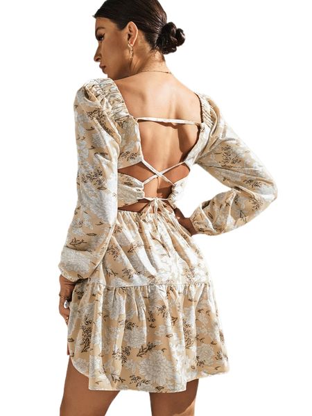 

random floral print lace up backless ruffle hem dress m9y9#, Black;gray
