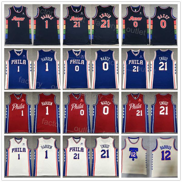 

men basketball james harden jersey 1 tobias harris 12 joel embiid 21 tyrese maxey 0 team color navy blue red white beige breathable all stit, Black;red
