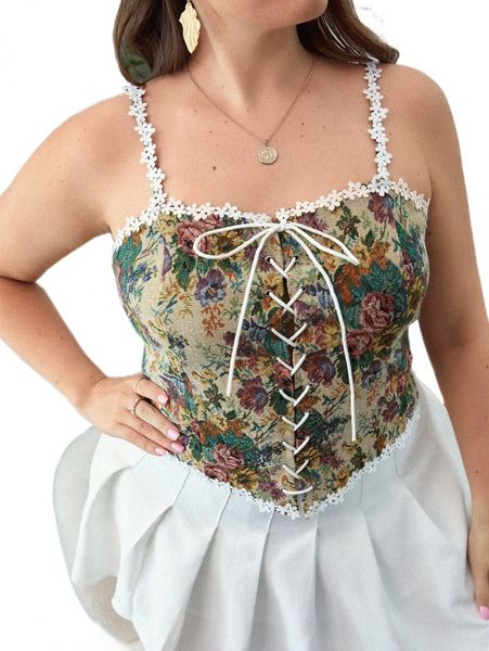 

plus floral print appliques grommet lace up cami w9da#, Black