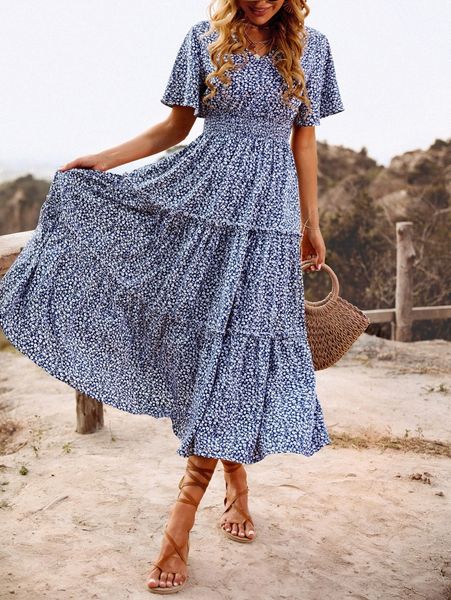 

ditsy floral shirred flutter sleeve ruffle hem dress g83u#, Black;gray