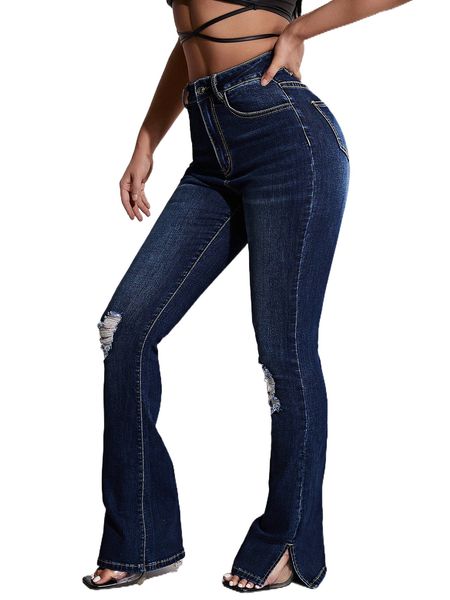 

high waist ripped split hem bootcut leg jeans u0vf#, Blue