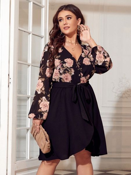 

plus floral print lantern sleeve belted dress a5tw#, Black