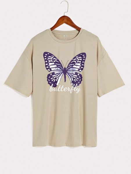 

butterfly and letter graphic drop shoulder tee z2xm#, White