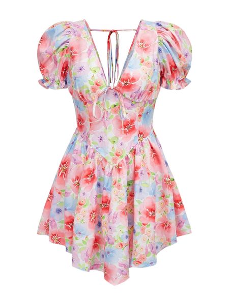 

floral print puff sleeve tie backless dress y2fb#, Black;gray