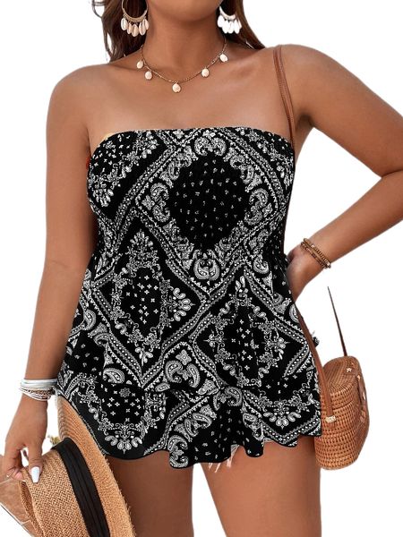 

plus scarf print ruffle hem tube i55n#, Black