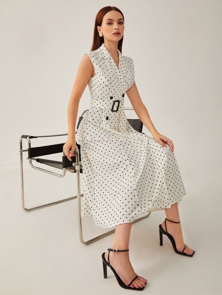 

lapel collar polka dot print buckled belted dress o9ib#, Black;gray