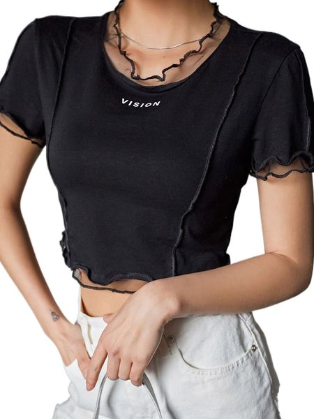 

dazy letter graphic mesh insert lettuce trim stitching crop tee 92pq#, White