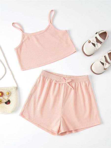 

girls solid cami & bow front shorts she, White