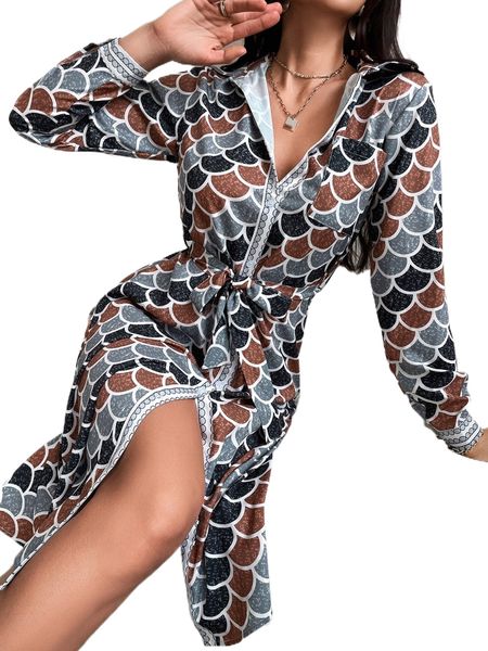 

fish scales print patched pocket belted shirt dress k8rb#, Black;gray