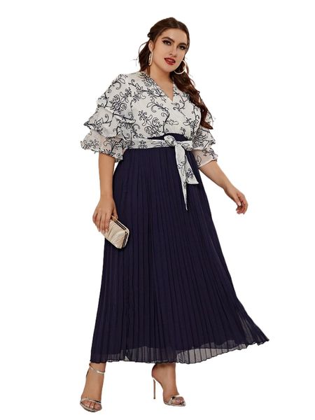 

plus embroidered floral pleated maxi dress f2xo#, Black