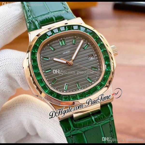 Saldi 40mm 5711 A21J Orologio automatico da uomo in oro rosa Baguette Emerald Lunetta Quadrante grigio con diamanti Marcatori bastoncini Cinturino in pelle Puretime E217E5