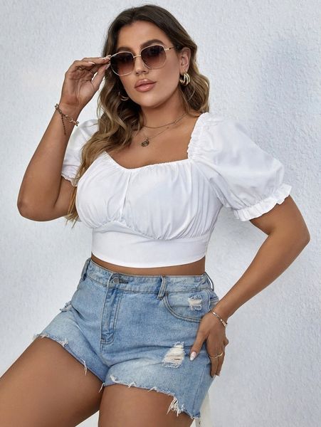 

plus sweetheart neck puff sleeve ruched crop blouse y5pb#, Black