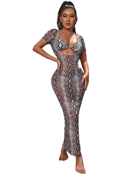 

3pack snakeskin print bikini swimsuit & cover up l58d#, White;black