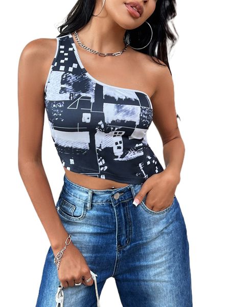 

graphic print one shoulder asymmetrical hem x5wp#, White
