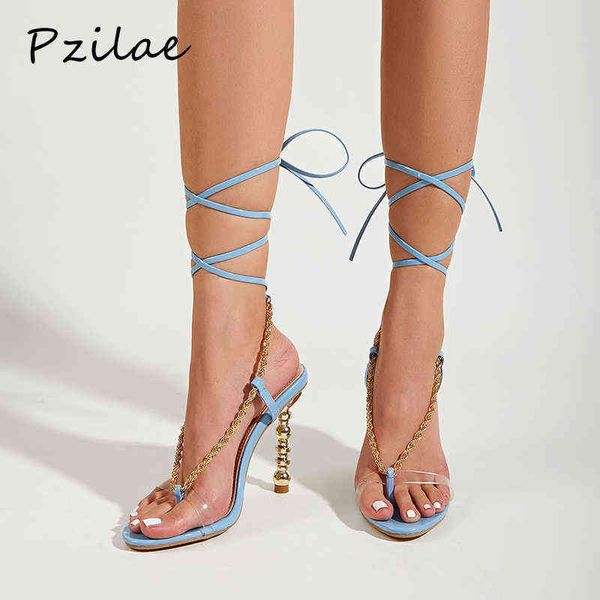 Sandali Pzilae Catena in metallo trasparente in pvc Roma Donna Crosstied Strano tacco alto perizoma Summer Party Pumps Shoes New 220704