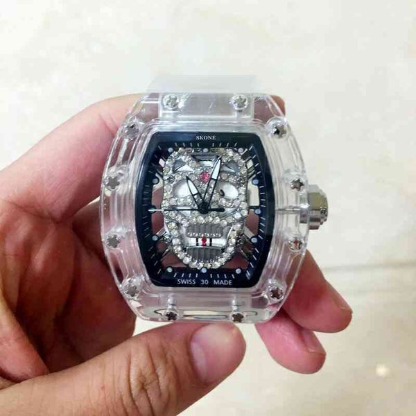

luxury mens mechanics watch richa milles rhinestone skull hollowed out trendy personality wine barrel leisure fashion, Slivery;brown