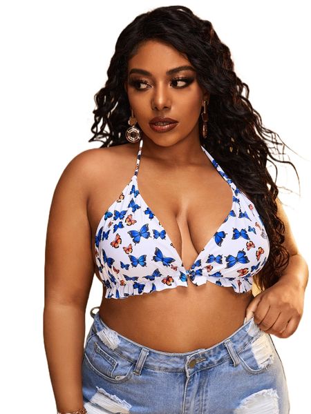 

plus butterfly print frill trim tie back triangle bikini r8xh#, Black