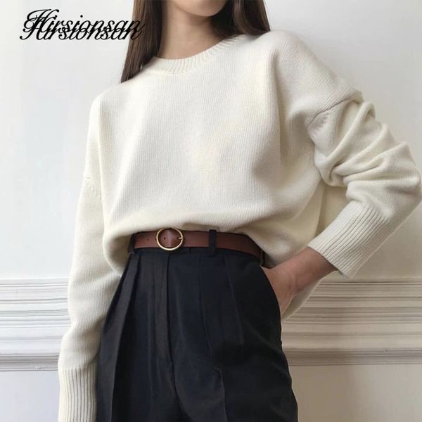 

hirsionsan winter oversized sweater women elegant knitted basic pullovers o neck loose soft female cashmere jumper 220815, White;black