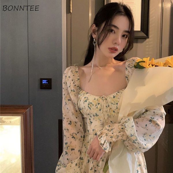 

long sleeve dresses women french style floral aesthetic chiffon autumn students square collar elegant tender casual stylish cozy 220721, Black;gray