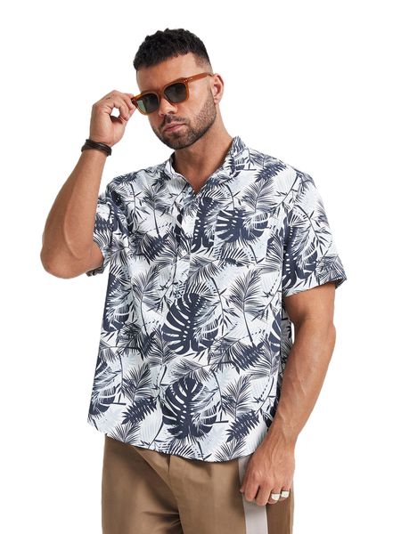 

extended sizes leaf print button front shirt l3op#, White;black