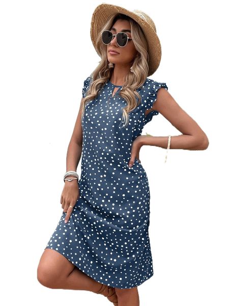 

polka dot keyhole neck frill trim tunic dress r6bx#, Black;gray