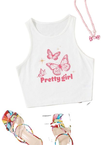 

butterfly & letter graphic tank g5ne#, White