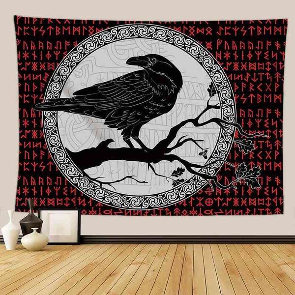 Eski Gizem Sembolü Viking Alfabe Crow Halı Duvar Asma Büyücülük Psychedelic Desen Odası Dekorasyon Duvar Halı J220804
