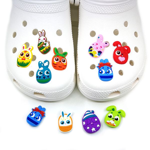 

moq 100pcs colorful easter eggs pattern croc charm 2d soft pvc shoe charms buckles kawaii shoe accessories decorations for kids sandals wris, White;pink