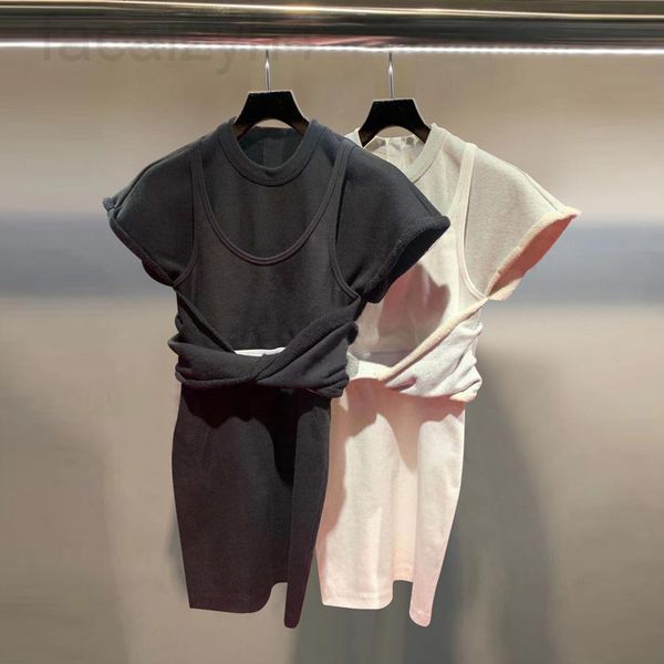 

casual dresses designer []2021 spring and summer vacation two knotted slim fitting short sleeve versatile round neck hip wrap sports dress f, Black;gray