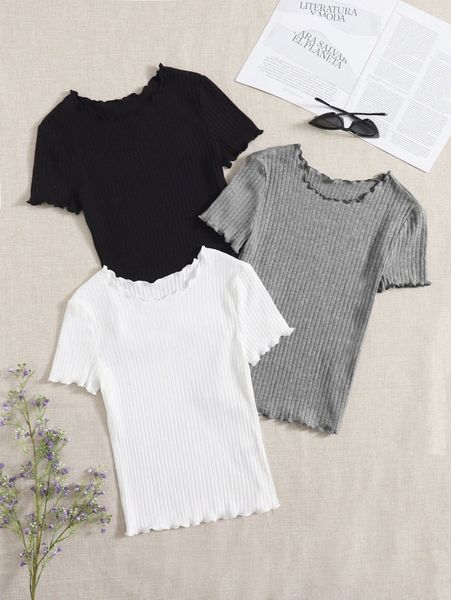 

3pcs lettuce trim ribbed knit tee 327w#, White