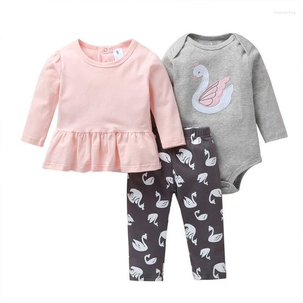 Kleidungssets Baby Mädchen Herbst Outfit Rosa T-Shirt Kleid Strampler Hosen Langarm Set Geboren 2022 Kleidung Schwan Babys KleidungKleidung