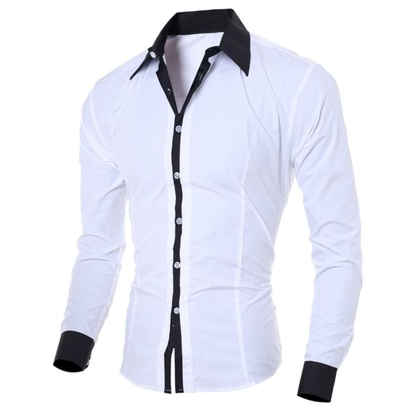 

men white shirt patchwork social dress shirt autumn spring solid long sleeve slim fit male office casual button shirt 220706, White;black