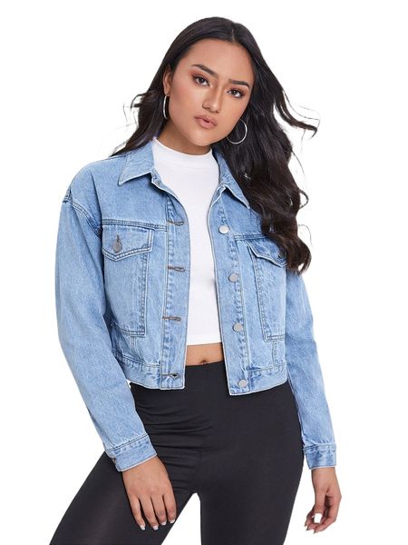 

flap pocket drop shoulder denim jacket 38ng#, Black;brown