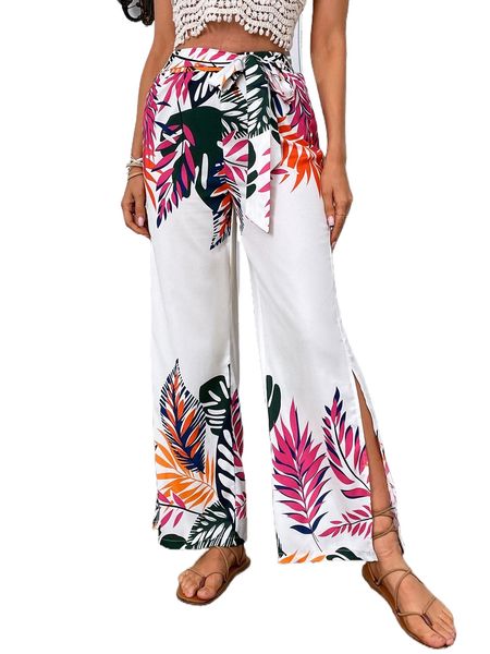 

tropical print slit hem tie front pants e0ma#, Black;white