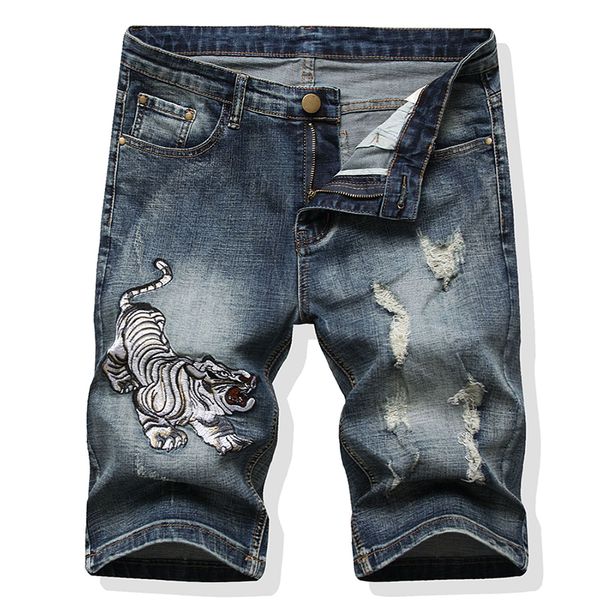 Летняя повседневная ретро -синий растяжение мужские шорты тигр, вышитые короткие штаны, разорванные уличной одежды Pantalones Cortos de Hombre