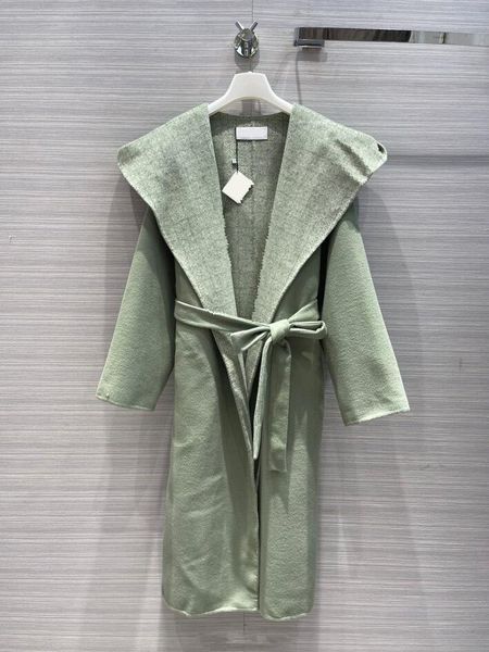 

2022 women's wool & blends spring and autumn double-sided woolen hooded long coat warm and thin 810, Black