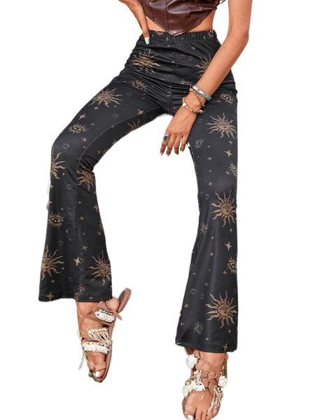 

sun print flare leg high waist pants a0ir#, Black;white