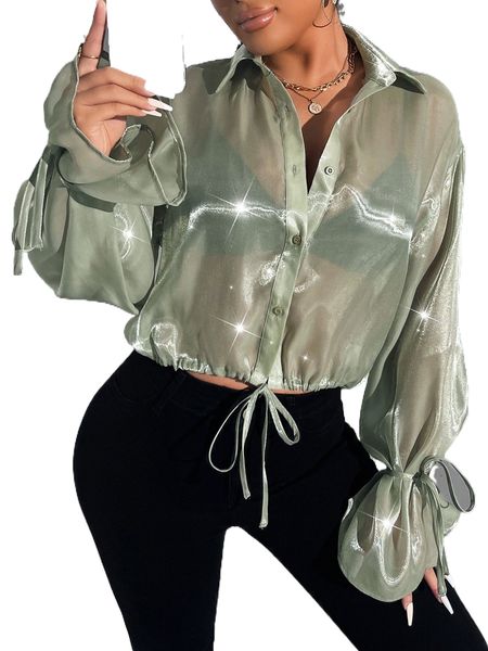 

sxy drop shoulder drawstring hem mesh shirt without bra k5py#, White