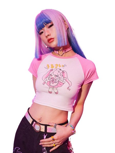 

romwe anime cartoon figure graphic colorblock crop tee r0ag#, White