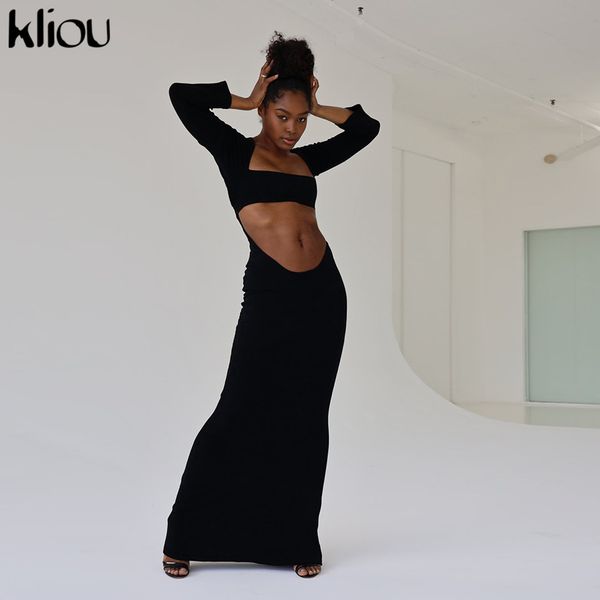 

irregular shape maxi dress women solid truncated hollow out cleavage robe hipster long sleeve backless female clubwear, Black;gray