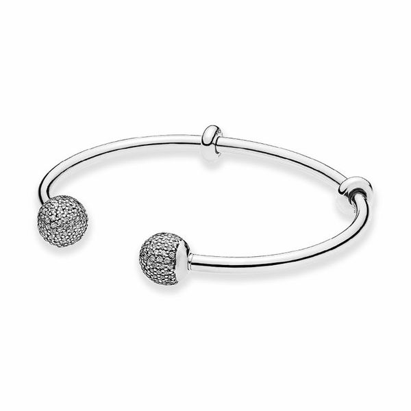 Autentico bracciale rigido aperto in argento sterling 925 con diamante CZ Pave Ball Fashion regalo di nozze da donna con cofanetto originale per bracciali Pandora Charms