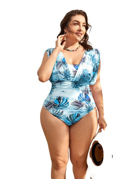 

plus tropical print ruched one piece swimsuit s7ye#, White;black