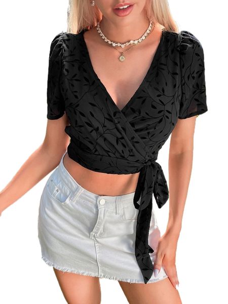 

plant print puff sleeve wrap knot side crop blouse c29q#, White