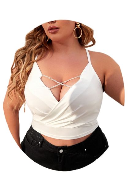 

plus rhinestone criss cross front backless lace up cami x48c#, Black